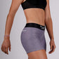 Side closeup view of the ChicknLegs women's heather grey 3 inch compression shorts.