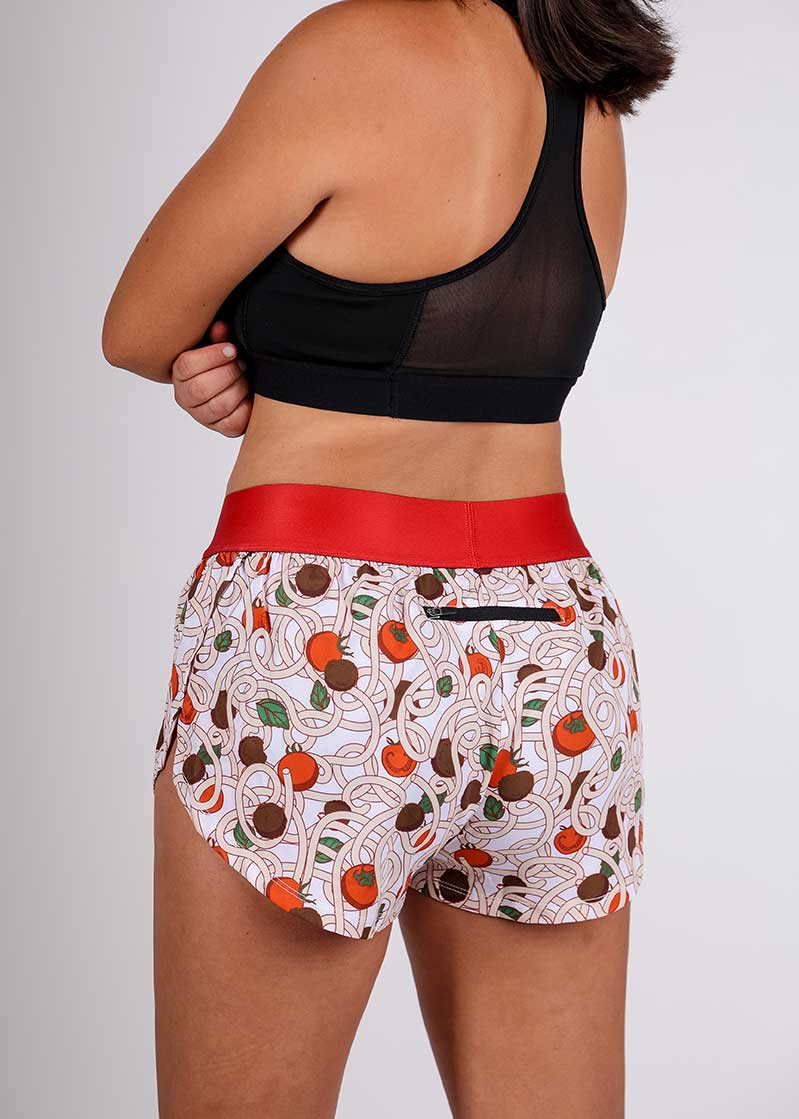 ChicknLegs women's 1.5" pasta night split running shorts rear view.