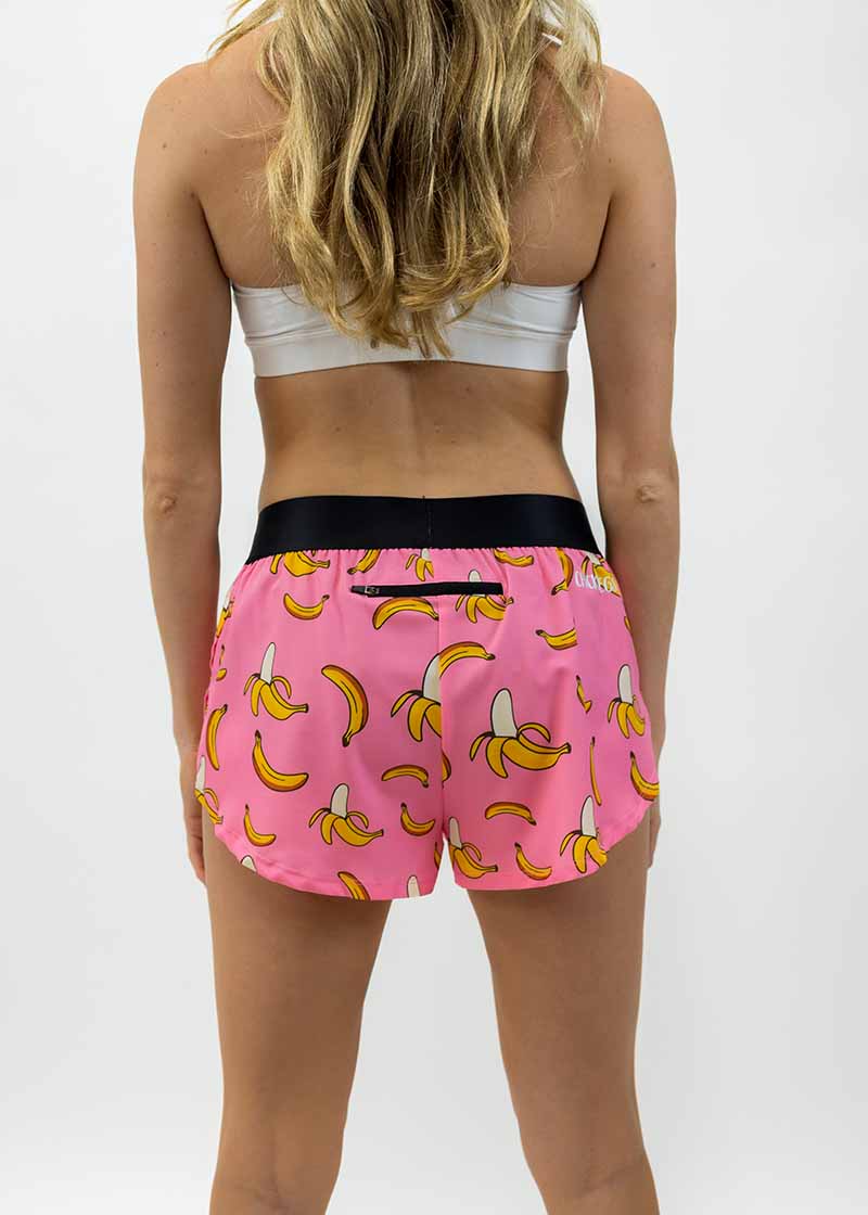 Rear view of the women's pink bananas split running shorts from ChicknLegs.