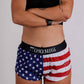 Front closeup view of the ChicknLegs women's USA split running shorts.