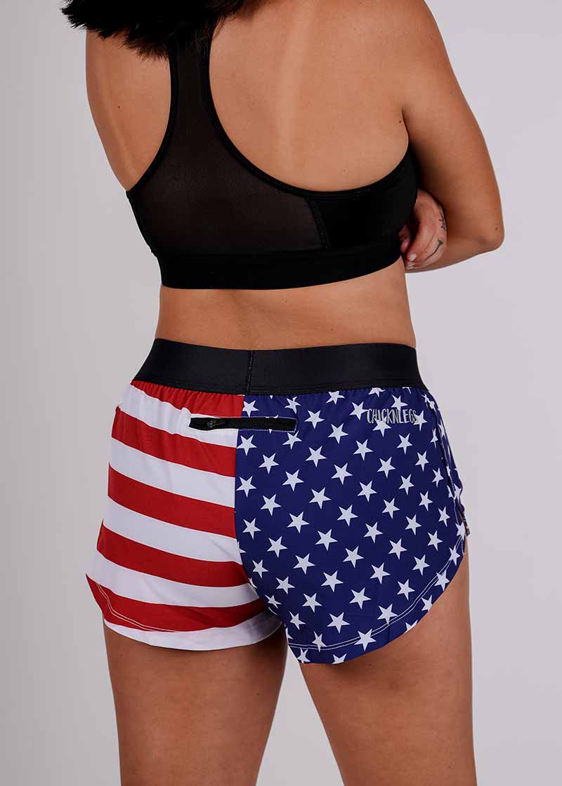 Rear view of the ChicknLegs women's USA split running shorts.