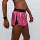 Right side closeup view of the men's 2 inch hot pink bolts running shorts.