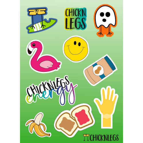 ChicknLegs green sticker pack featuring 10 unique stickers including watch tan, ghost, smiley face, flamingo, PB&J and more!
