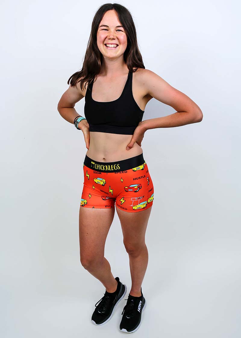 Full body image of the women's cars 3 inch compression running shorts.