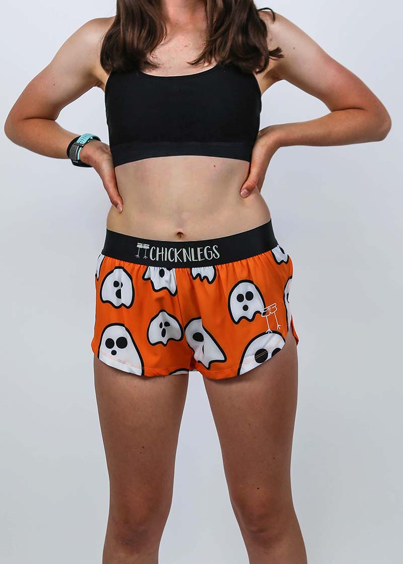 Closeup view of the women's ghosts 1.5 inch split running shorts.