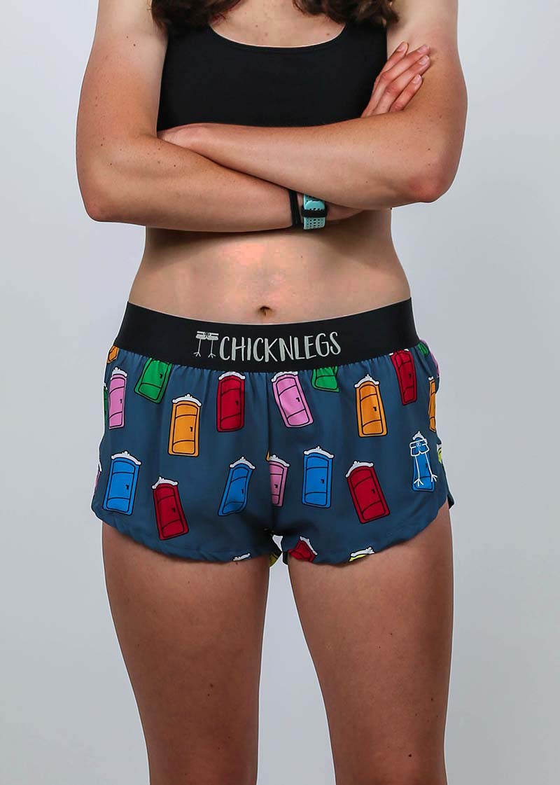 Closeup front view of the women's 1.5 inch porta-potty running shorts.