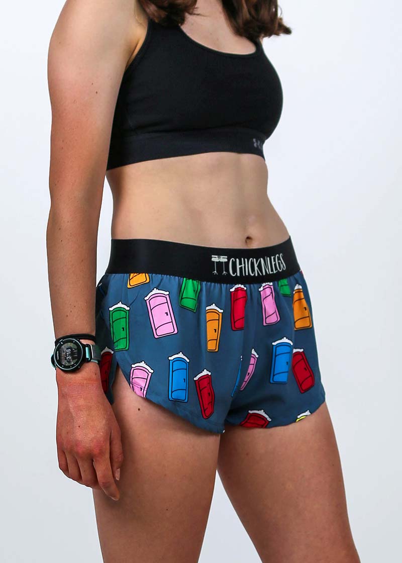 Closeup side view of the women's 1.5 inch porta-potty running shorts.