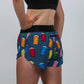 Closeup rear view of the women's 1.5 inch porta-potty running shorts.