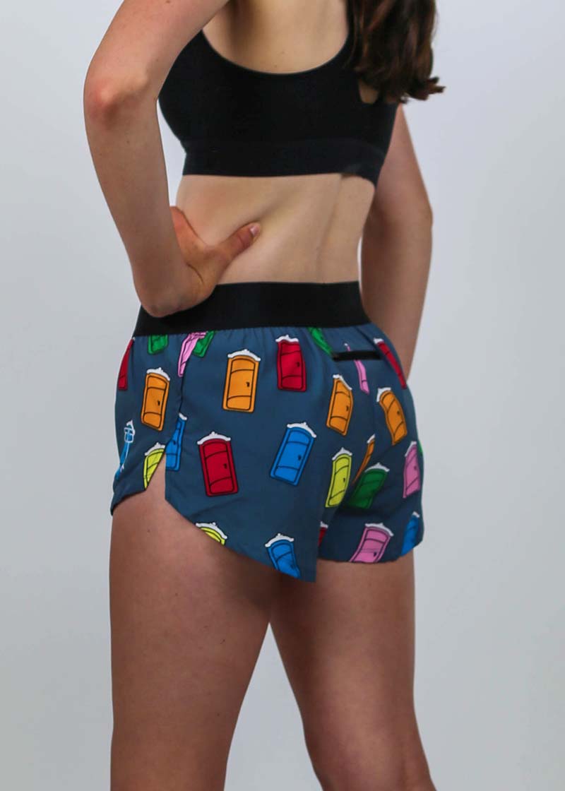 Closeup rear view of the women's 1.5 inch porta-potty running shorts.