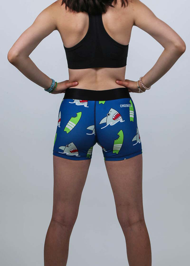 Back view of the women's 3 inch blue sharks compression shorts.