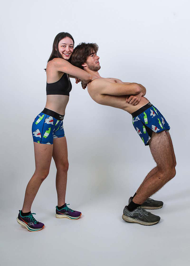 Funny group photo of the men's and women's blue sharks running shorts.