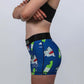 Closeup side view of the women's 3 inch blue sharks compression shorts.